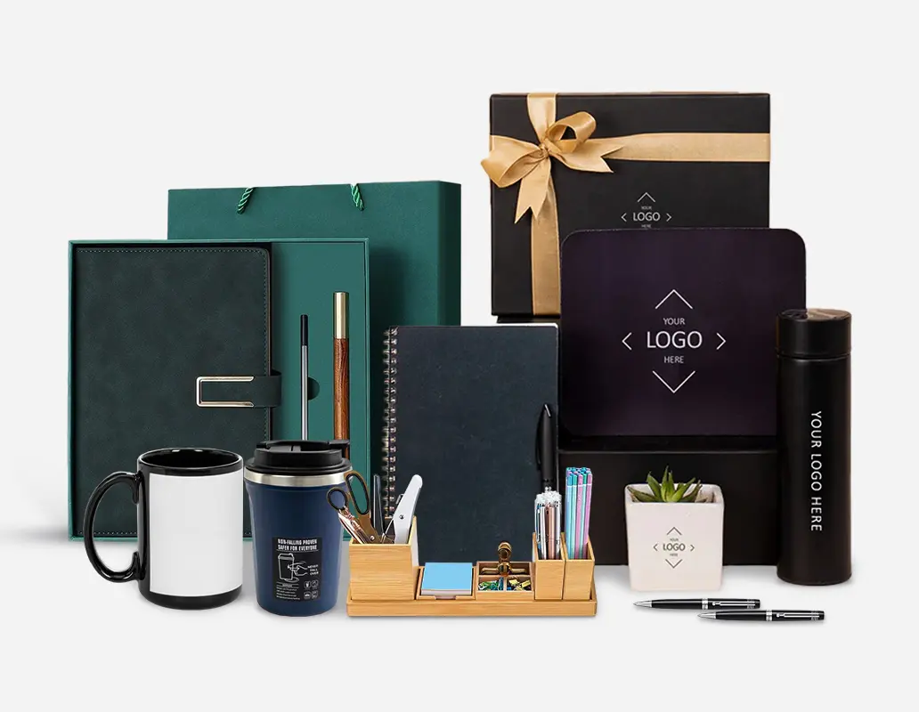 A collection of branded stationary and office accessories featuring notebooks, pens, mugs with custom printed packaging boxes