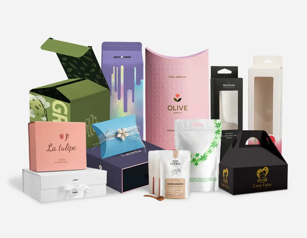 A variety of custom packaging designs, including rigid boxes, pillow boxes, pouches, and window boxes in different colors