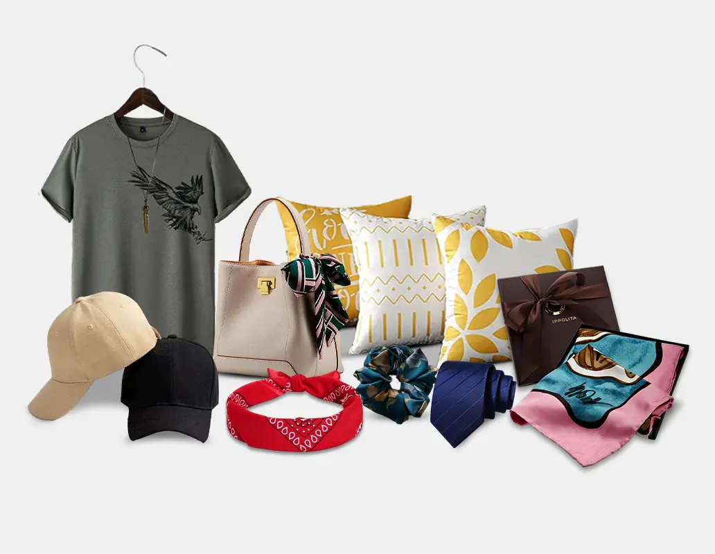 A collection of fashion and lifestyle accessories, including a t-shirt, caps, handbags, scarves, pillows, and gift packaging