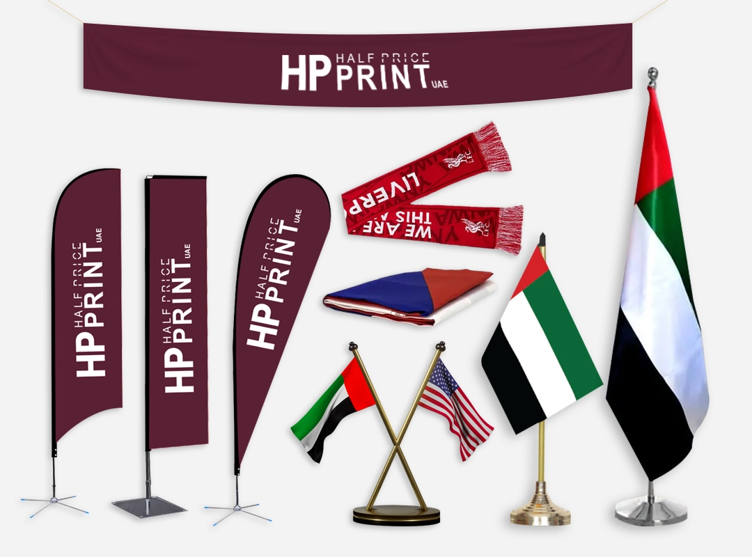 A variety of promotional and national flags, banners, and fan scarves, including teardrop flags, table flags, and fabric banners