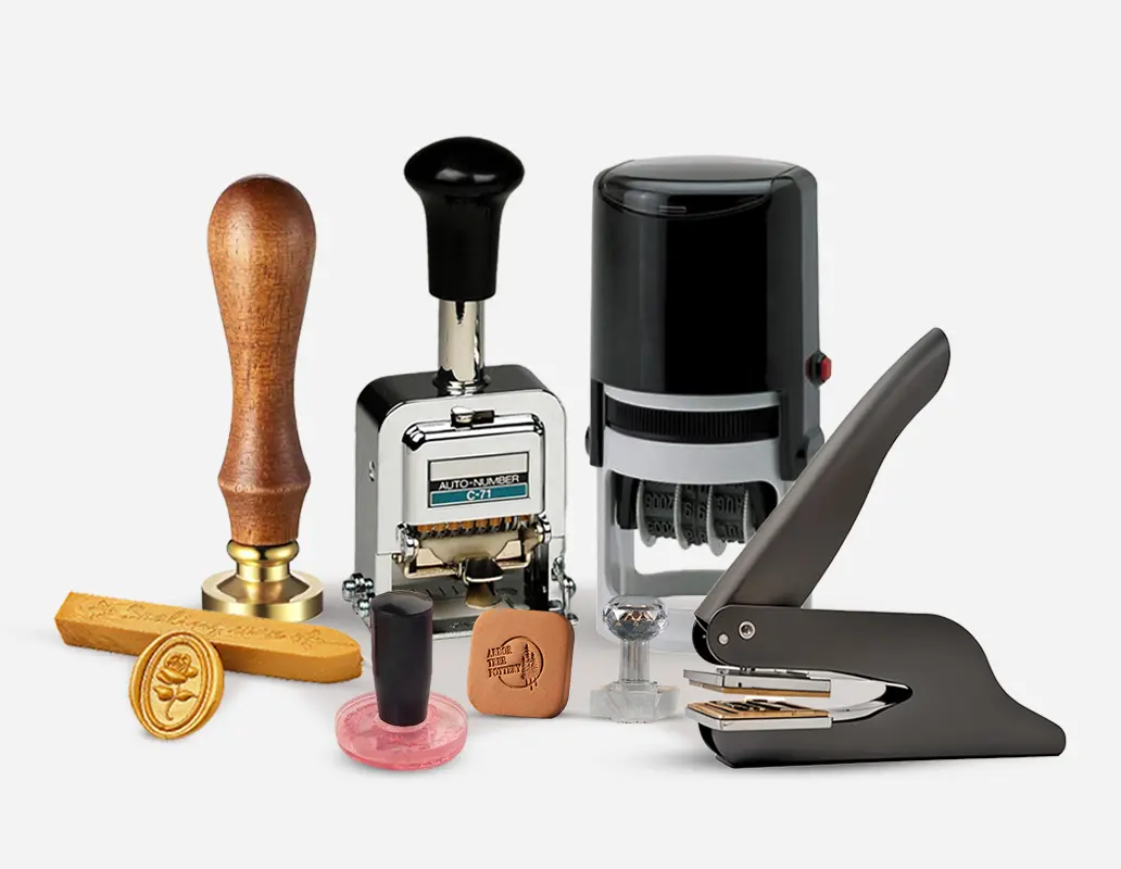 A collection of stamping tools, including self-inking, pre-inked, numbered, wax, wooden and accessories.