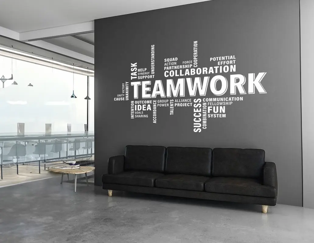 Image feature an office environment with a custom printed wall decor